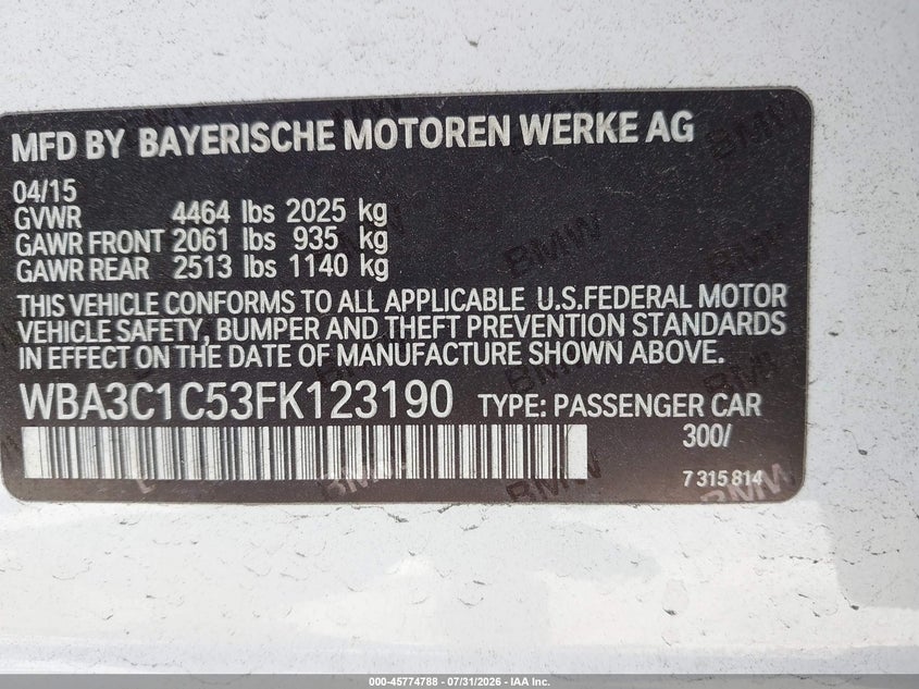 2015 BMW VIN WBA3C1C53FK123190 IAAI salvage auction — FRONT END, Salvage Title, sold $950 on 2026-08-19 (photo 9)