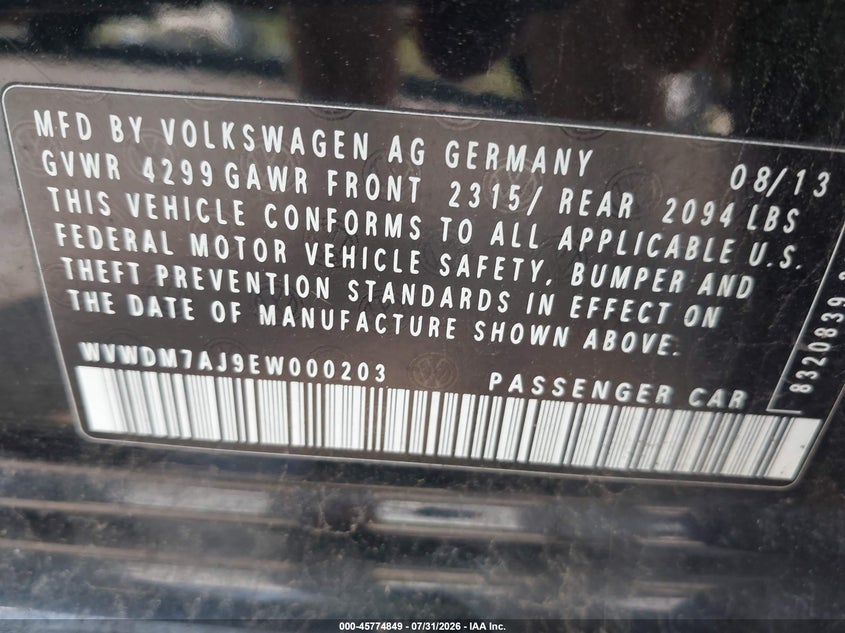 2014 Volkswagen Golf VIN WVWDM7AJ9EW000203 IAAI salvage auction — FRONT END, Clear (Pennsylvania), sold $550 on 2026-08-06 (photo 9)