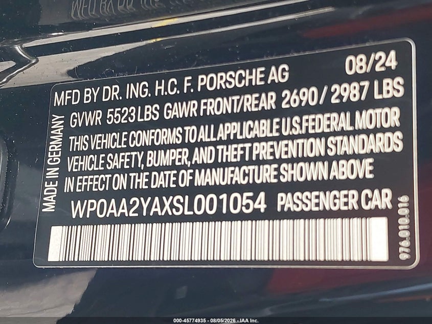 2025 Porsche Panamera VIN WP0AA2YAXSL001054 IAAI salvage auction — NORMAL WEAR, Enterprise Vehicles Clear Only (Florida), sold $48,650 on 2026-08-06 (photo 9)