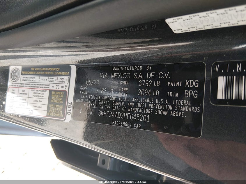2023 Kia Forte VIN 3KPF24AD2PE645201 IAAI salvage auction — WATER/FLOOD, Salvage Title, sold $3,950 on 2026-09-09 (photo 9)