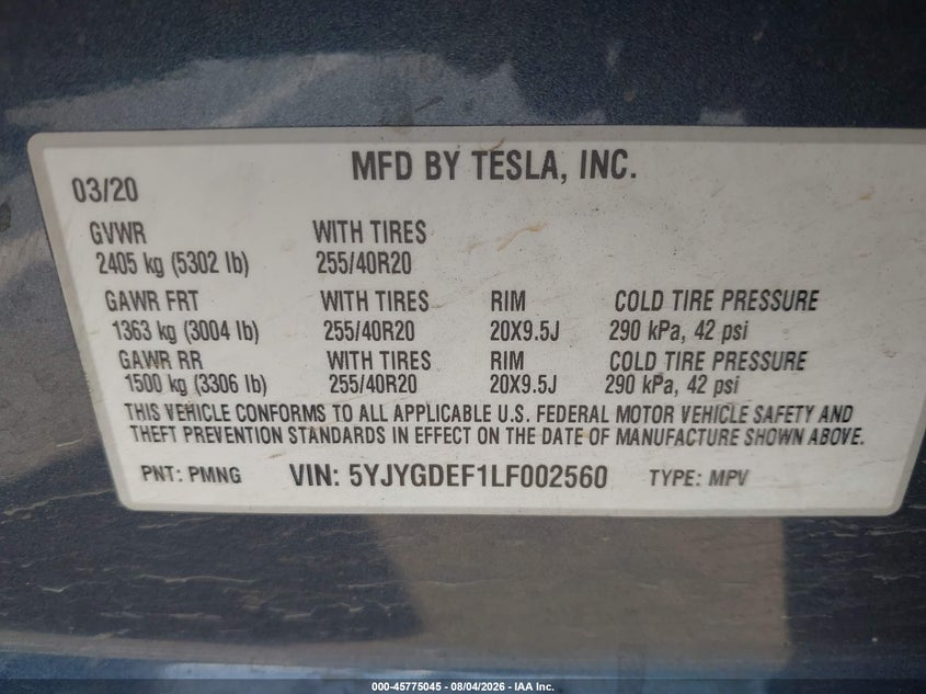 2020 Tesla Model y VIN 5YJYGDEF1LF002560 IAAI salvage auction — FRONT END, Salvage (California), sold $10,600 on 2026-08-18 (photo 9)