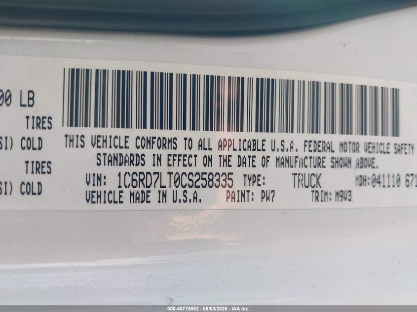 2012 Ram 1500 VIN 1C6RD7LT0CS258335 IAAI salvage auction — FRONT END, Wait Title, sold $2,675 on 2026-09-16 (photo 9)