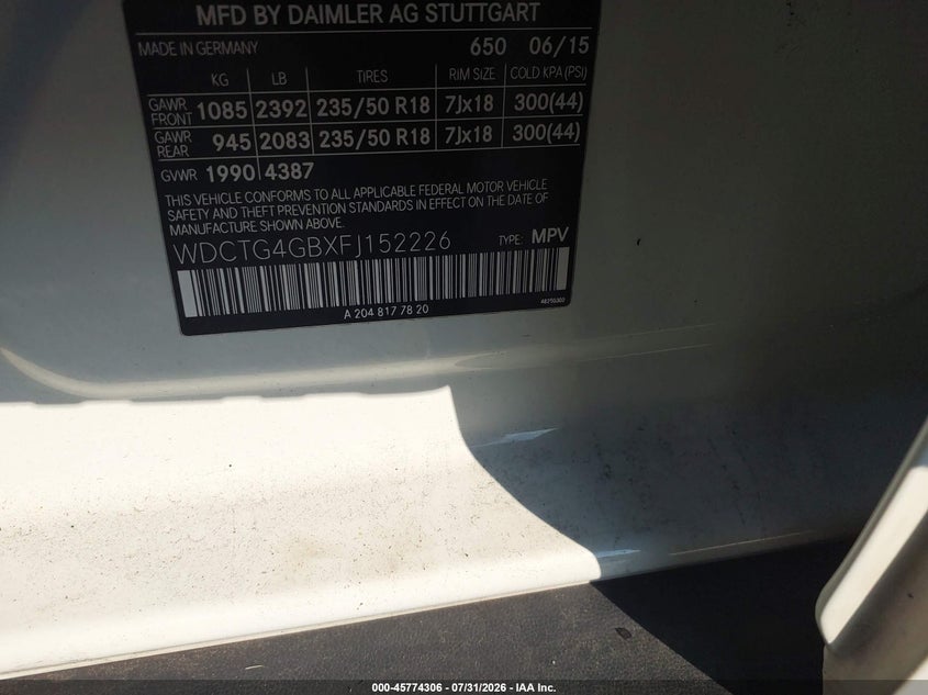 2015 Mercedes-benz Gla-klasse VIN WDCTG4GBXFJ152226 IAAI salvage auction — FRONT END, Clear (New Jersey), sold $1,700 on 2026-08-03 (photo 9)