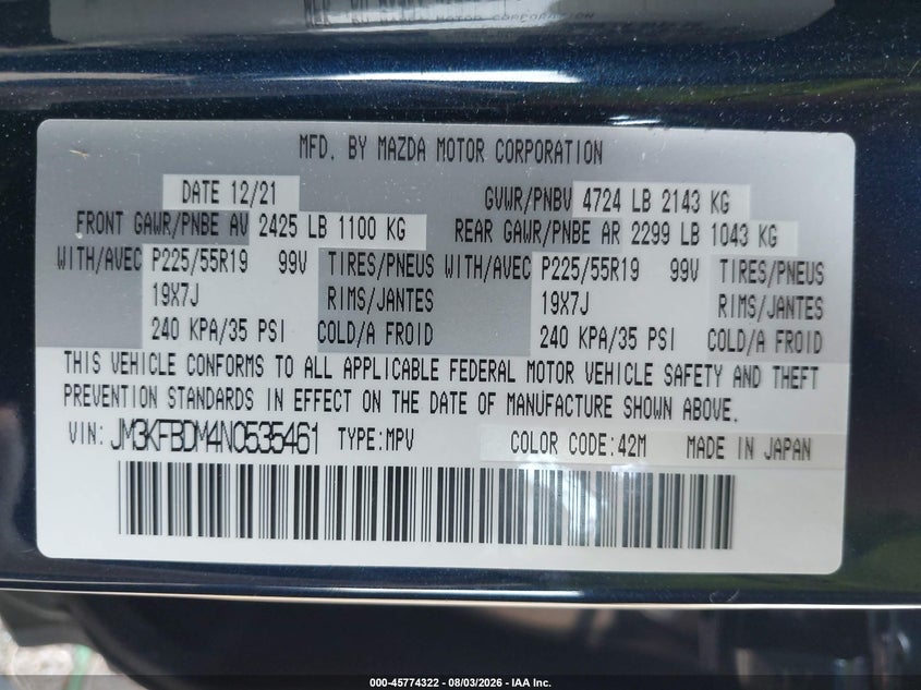 2022 Mazda Cx-5 VIN JM3KFBDM4N0535461 IAAI salvage auction — SIDE, Salvage Title, sold $9,800 on 2026-09-27 (photo 9)