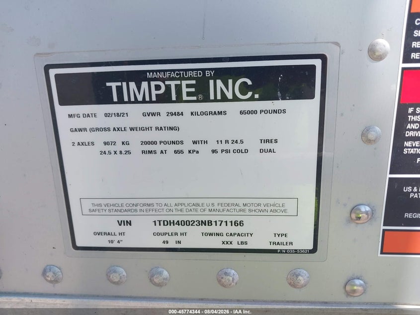 2022 Timpte Unknown VIN 1TDH40023NB171166 IAAI salvage auction — SIDE, Salvage (Indiana), sold $12,850 on 2026-09-01 (photo 9)