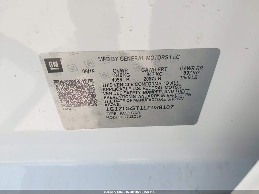2020 Chevrolet Malibu VIN 1G1ZC5ST1LF038107 IAAI salvage auction — SIDE, Sf97 (Texas), sold $11,775 on 2026-09-01 (photo 9)