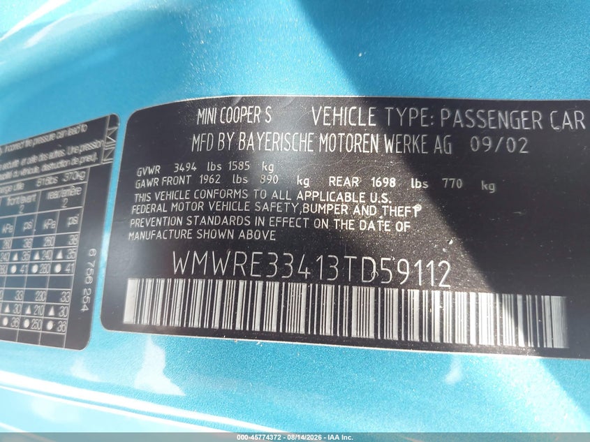 2003 Mini Cooper VIN WMWRE33413TD59112 IAAI salvage auction — REAR END, Salvage (Ohio), sold $375 on 2026-09-15 (photo 9)