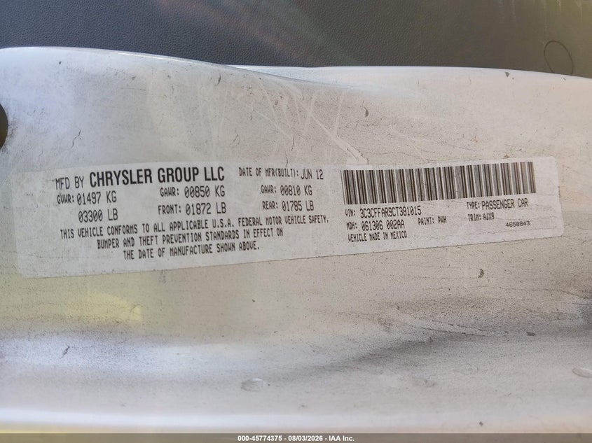 2012 Fiat 500 VIN 3C3CFFAR9CT381015 IAAI salvage auction — NORMAL WEAR, Clear (Washington), sold $200 on 2026-08-12 (photo 9)