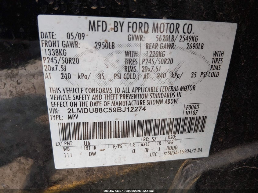 2009 Lincoln Mkx VIN 2LMDU88C59BJ12274 IAAI salvage auction — LEFT SIDE, Salvage (Oregon), sold $400 on 2026-09-23 (photo 9)