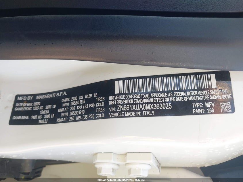 2021 Maserati Levante VIN ZN661XUA0MX363025 IAAI salvage auction — FRONT END, Salvage Title, sold $3,550 on 2026-08-17 (photo 9)