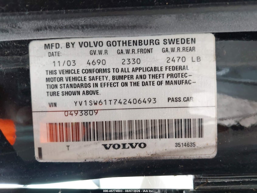 2004 Volvo V70 VIN YV1SW61T742406493 IAAI salvage auction — NORMAL WEAR, Clear (Pennsylvania), sold $450 on 2026-08-13 (photo 9)