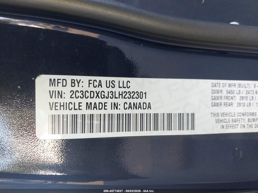 2020 Dodge Charger VIN 2C3CDXGJ3LH232301 IAAI salvage auction — NORMAL WEAR, Salvage Title, sold $10,100 on 2026-08-31 (photo 9)