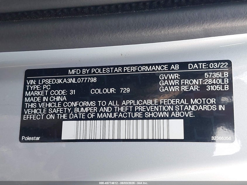 2022 Polestar 2 VIN LPSED3KA3NL077798 IAAI salvage auction — RIGHT SIDE, Bill Of Sale (Washington), sold $7,850 on 2026-09-02 (photo 9)