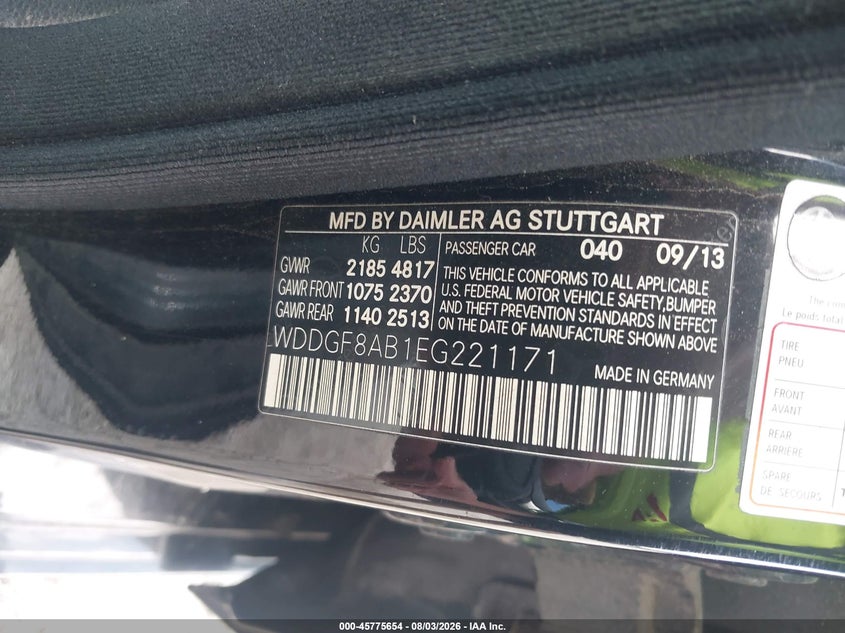 2014 Mercedes-benz C-klasse VIN WDDGF8AB1EG221171 IAAI salvage auction — NORMAL WEAR, Clear (Illinois), sold $1,600 on 2026-08-17 (photo 9)