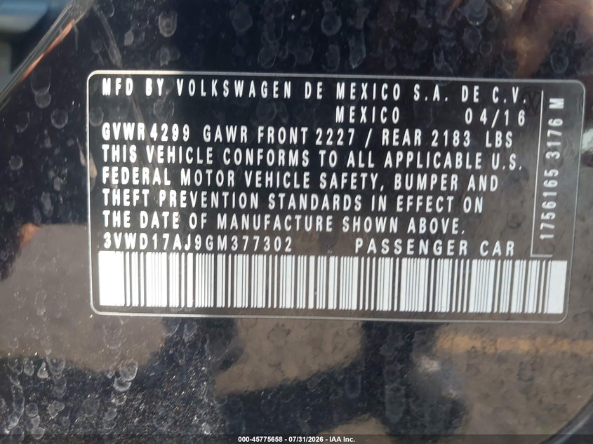 2016 Volkswagen Jetta VIN 3VWD17AJ9GM377302 IAAI salvage auction — LEFT FRONT, Salvage (California), sold $1,650 on 2026-08-10 (photo 9)