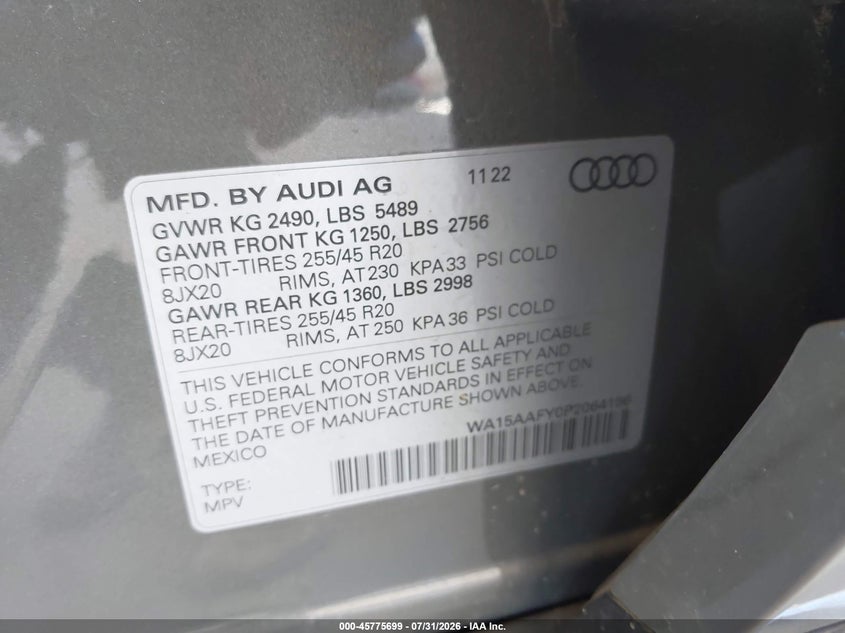 2023 Audi Q5 sportback VIN WA15AAFY0P2064196 IAAI salvage auction — REAR END, Wait Title, sold $17,400 on 2026-08-28 (photo 9)