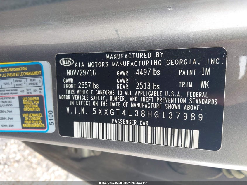 2017 Kia Optima VIN 5XXGT4L38HG137989 IAAI salvage auction — FRONT END, Salvage Title, sold $1,650 on 2026-09-02 (photo 9)