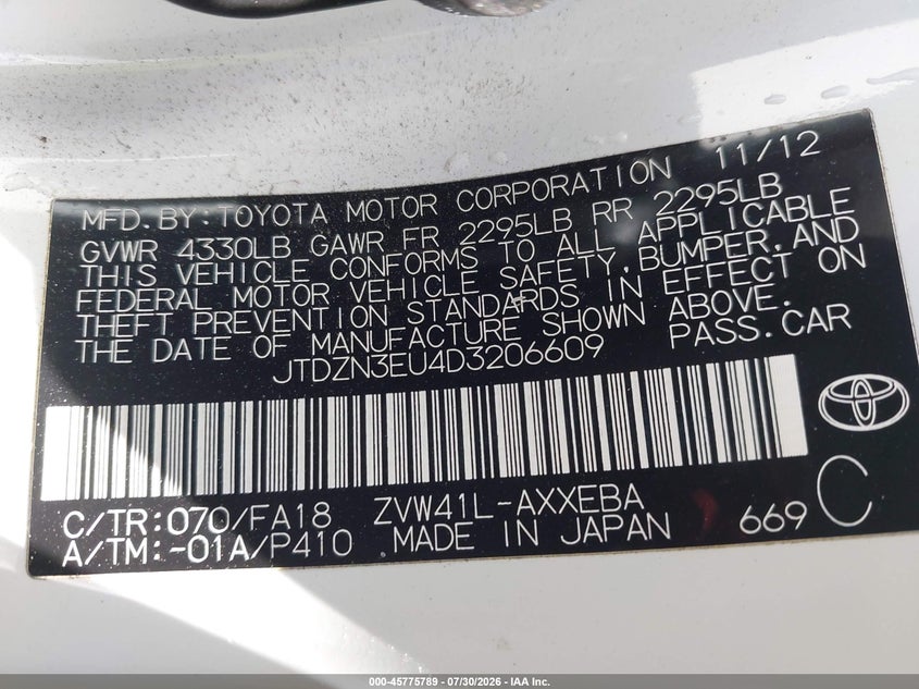 2013 Toyota Prius v VIN JTDZN3EU4D3206609 IAAI salvage auction — NORMAL WEAR, Clear - Dealer Only (California), sold $2,400 on 2026-08-20 (photo 9)