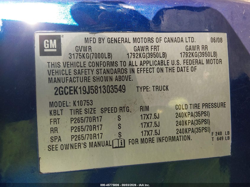 2008 Chevrolet Silverado 1500 VIN 2GCEK19J581303549 IAAI salvage auction — RIGHT FRONT, Salvage (Ohio), sold $1,000 on 2026-09-01 (photo 9)