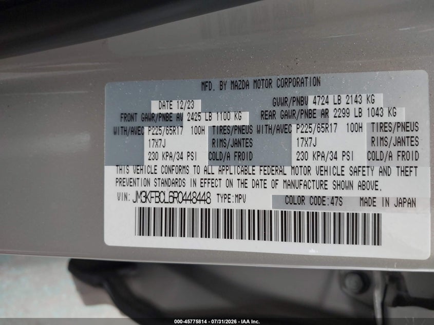 2024 Mazda Cx-5 VIN JM3KFBCL6R0448448 IAAI salvage auction — REAR END, Salvage Title, sold $8,950 on 2026-10-12 (photo 9)