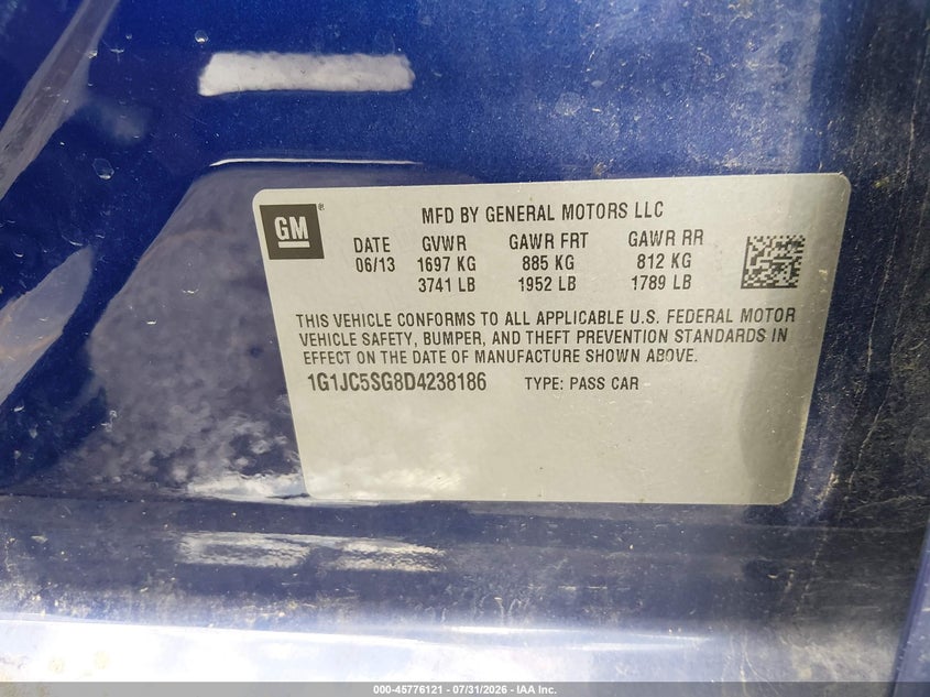 2013 Chevrolet SONIC VIN 1G1JC5SG8D4238186 IAAI salvage auction — RIGHT SIDE, Salvage Title, sold $525 on 2026-10-05 (photo 9)