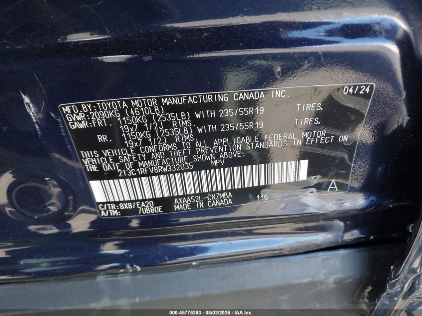 2024 Toyota Rav 4 VIN 2T3C1RFV8RW332035 IAAI salvage auction — LEFT SIDE, Wait Title, sold $10,975 on 2026-09-08 (photo 9)
