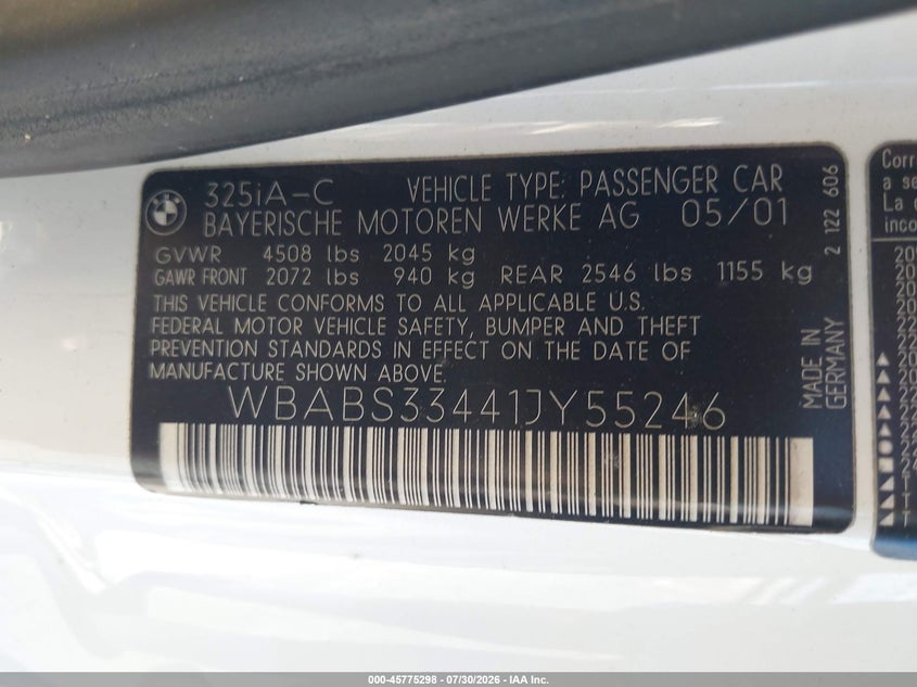 2001 BMW 3 series VIN WBABS33441JY55246 IAAI salvage auction — NORMAL WEAR, Clear (Nevada), sold $725 on 2026-08-14 (photo 9)