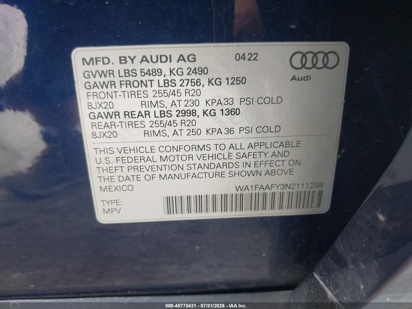 2022 Audi Q5 VIN WA1FAAFY3N2111299 IAAI salvage auction — FRONT END, Wait Title, sold $14,100 on 2026-08-26 (photo 9)