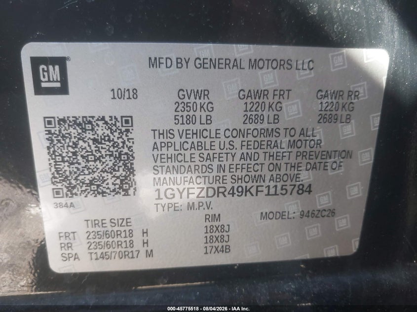 2019 Cadillac Xt4 VIN 1GYFZDR49KF115784 IAAI salvage auction — FRONT END, Salvage Title, sold $7,500 on 2026-09-01 (photo 9)