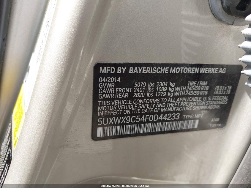 2015 BMW X3 VIN 5UXWX9C54F0D44233 IAAI salvage auction — FRONT END, Clear (Massachusetts), sold $800 on 2026-08-24 (photo 9)