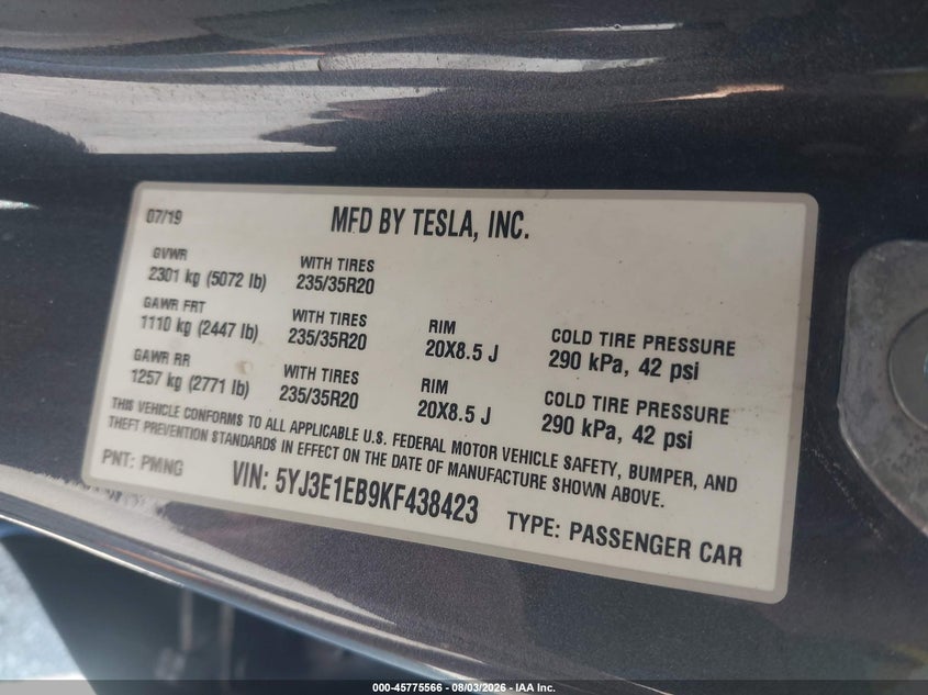 2019 Tesla Model 3 VIN 5YJ3E1EB9KF438423 IAAI salvage auction — REPOSSESSION, Wait Title, sold $14,050 on 2026-08-24 (photo 9)