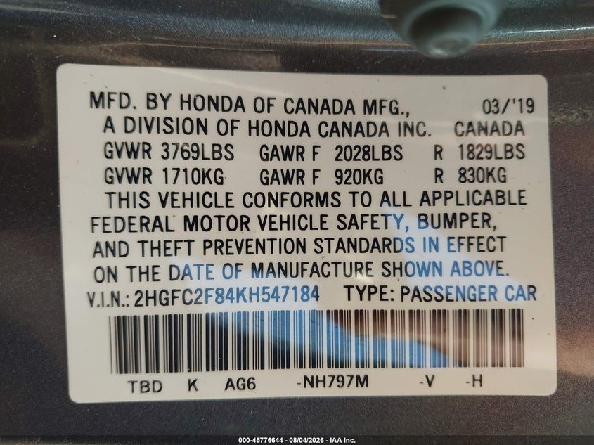 2019 Honda Civic VIN 2HGFC2F84KH547184 IAAI salvage auction — LEFT SIDE, Wait Title, sold $2,150 on 2026-09-27 (photo 9)