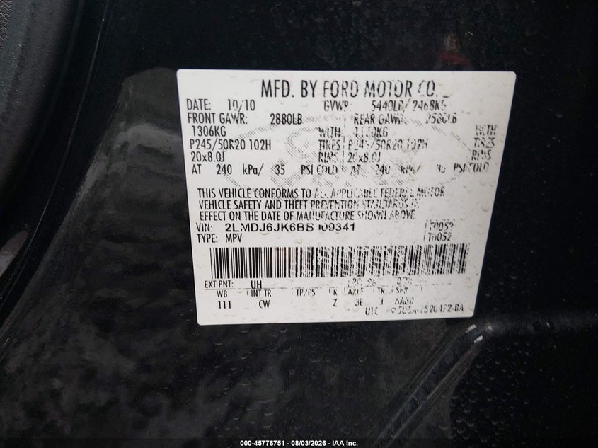 2011 Lincoln Mkx VIN 2LMDJ6JK6BBJ09341 IAAI salvage auction — RIGHT REAR, Salvage (South Carolina), sold $900 on 2026-09-08 (photo 9)