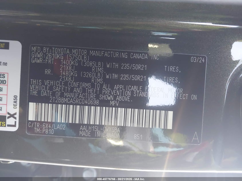 2024 Lexus Rx VIN 2T2BBMCA5RC040698 IAAI salvage auction — FRONT END, Salvage (Texas), sold $24,100 on 2026-09-14 (photo 8)