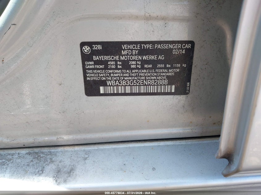 2014 BMW VIN WBA3B3G52ENR82888 IAAI salvage auction — RIGHT SIDE, Salvage Title, sold $25 on 2026-08-18 (photo 9)