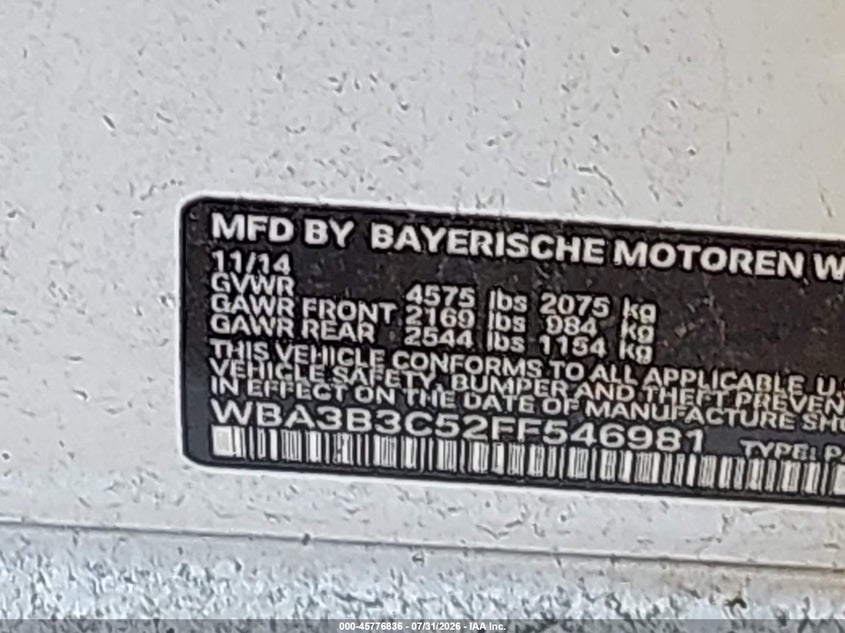 2015 BMW 3er VIN WBA3B3C52FF546981 IAAI salvage auction — FRONT END, Salvage Title, sold $75 on 2026-08-18 (photo 9)