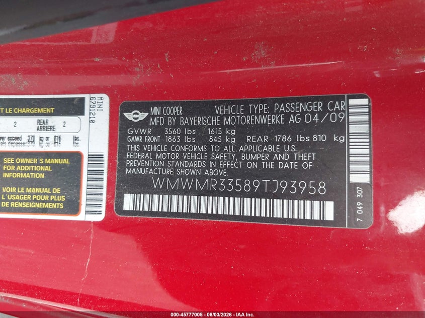 2009 Mini Cooper VIN WMWMR33589TJ93958 IAAI salvage auction — UNKNOWN, Parts Only Bos (Maryland), sold $375 on 2026-08-12 (photo 9)