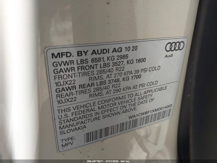 2021 Audi Sq8 VIN WA1CWBF1XMD014083 IAAI salvage auction — FRONT END, Salvage Title, sold $20,950 on 2026-09-14 (photo 9)