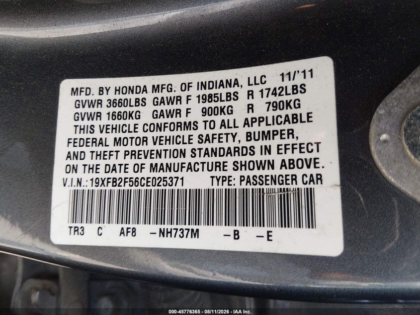 2012 Honda Civic VIN 19XFB2F56CE025371 IAAI salvage auction — ENGINE DAMAGE, Clear (North Carolina), sold $250 on 2026-08-21 (photo 9)