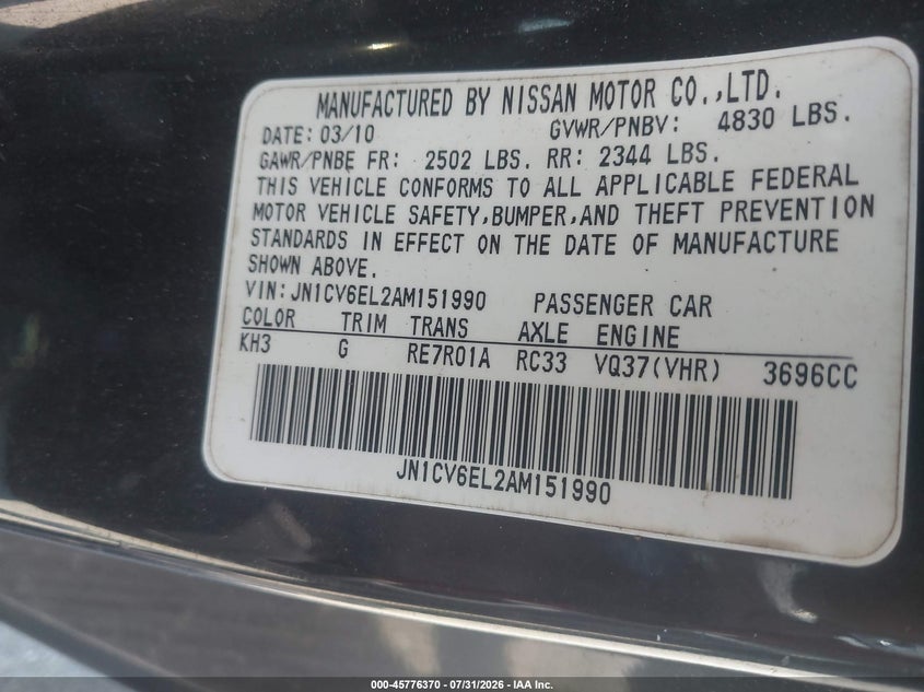 2010 Infiniti G37 VIN JN1CV6EL2AM151990 IAAI salvage auction — NORMAL WEAR, Clear-Dealer Only (North Carolina), sold $600 on 2026-08-23 (photo 9)