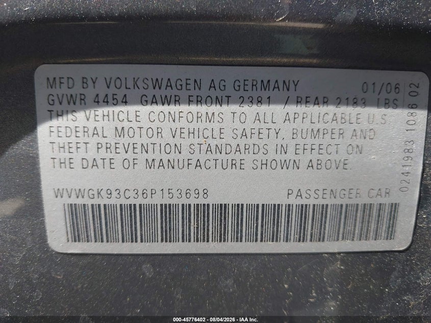 2006 Volkswagen Passat VIN WVWGK93C36P153698 IAAI salvage auction — NORMAL WEAR, Clear - Dealer Only (California), sold $775 on 2026-08-12 (photo 9)