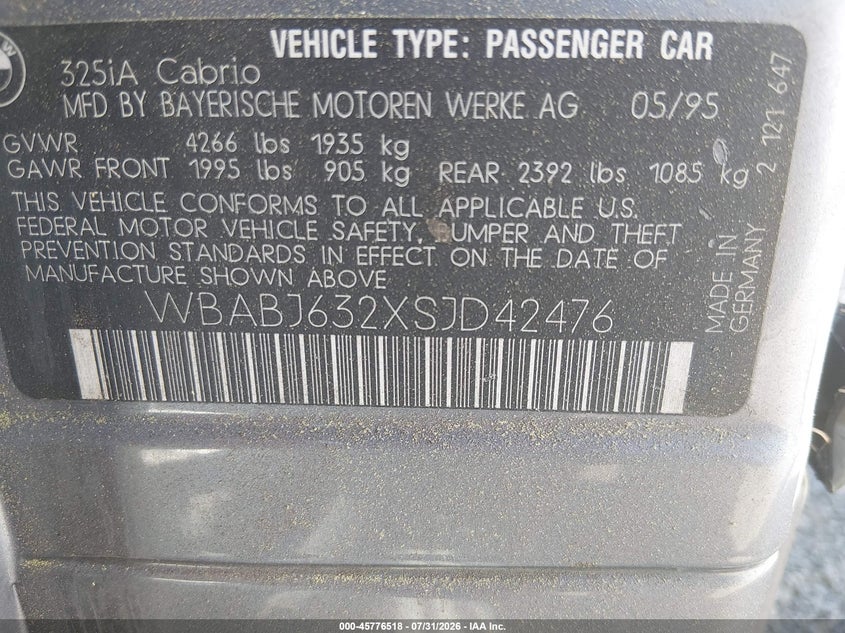 1995 BMW 3 series VIN WBABJ632XSJD42476 IAAI salvage auction — NORMAL WEAR, Clear - Dealer Only (California), sold $1,225 on 2026-08-21 (photo 9)