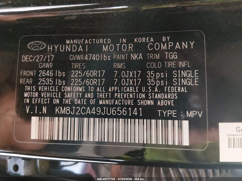 2018 Hyundai Tucson VIN KM8J2CA49JU656141 IAAI salvage auction — LEFT REAR, Sf97 (Nevada), sold $11,100 on 2026-08-25 (photo 9)