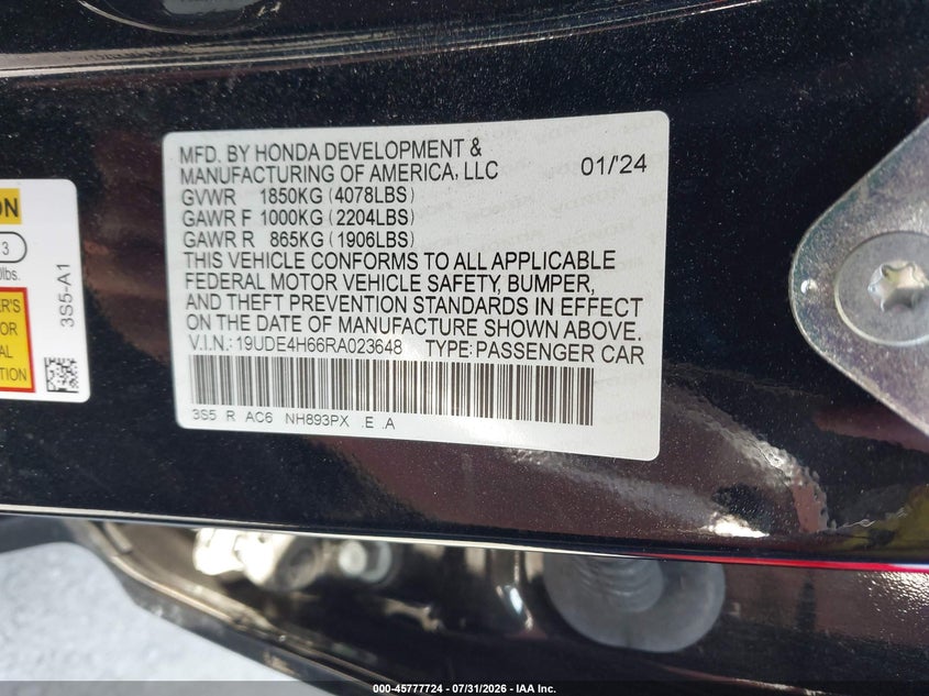 2024 Acura Integra VIN 19UDE4H66RA023648 IAAI salvage auction — VANDALISM, Wait Title, sold $11,250 on 2026-08-24 (photo 9)