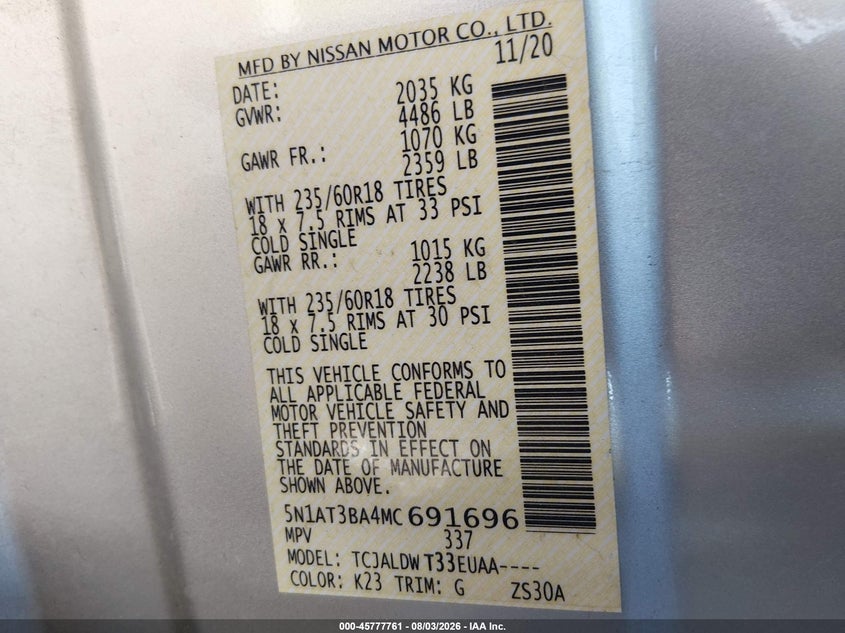 2021 Nissan Rogue VIN 5N1AT3BA4MC691696 IAAI salvage auction — FRONT END, Wait Title, sold $5,200 on 2026-08-20 (photo 9)