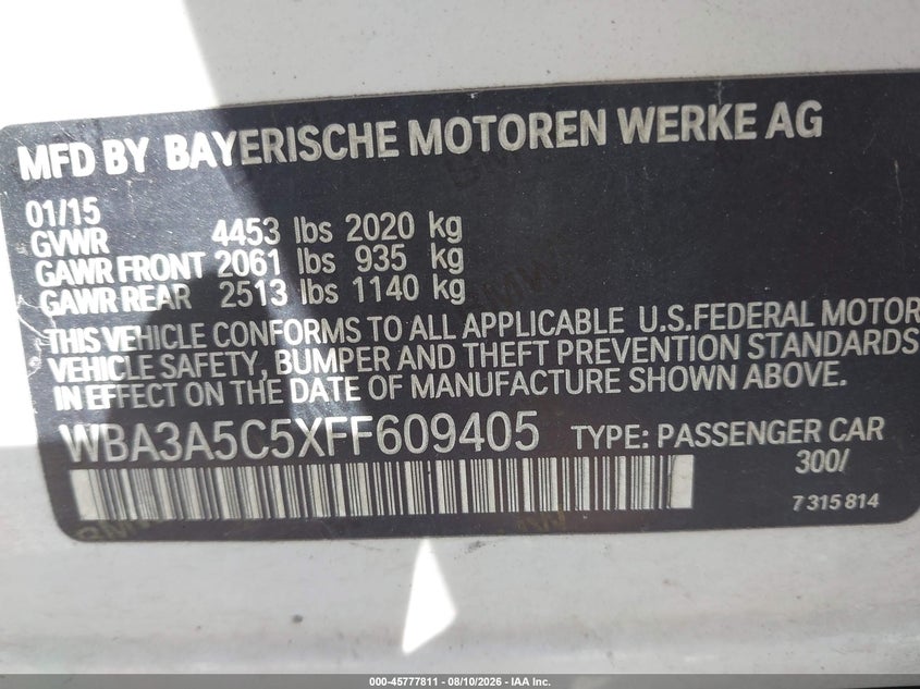 2015 BMW 3er VIN WBA3A5C5XFF609405 IAAI salvage auction — FRONT END, Nrc Lienholder Repossession Paperwork (South Carolina), sold $25 on 2026-08-18 (photo 9)