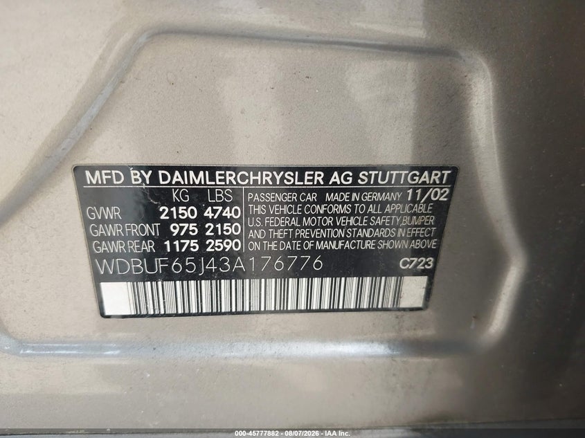 2003 Mercedes-benz E-class VIN WDBUF65J43A166776 IAAI salvage auction — ALL OVER, Parts Only Bos (Maryland), sold $300 on 2026-08-12 (photo 9)