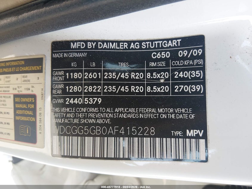 2010 Mercedes-benz Glk-class VIN WDCGG5GB0AF415228 IAAI salvage auction — NORMAL WEAR, Original (Texas), sold $2,925 on 2026-08-10 (photo 9)