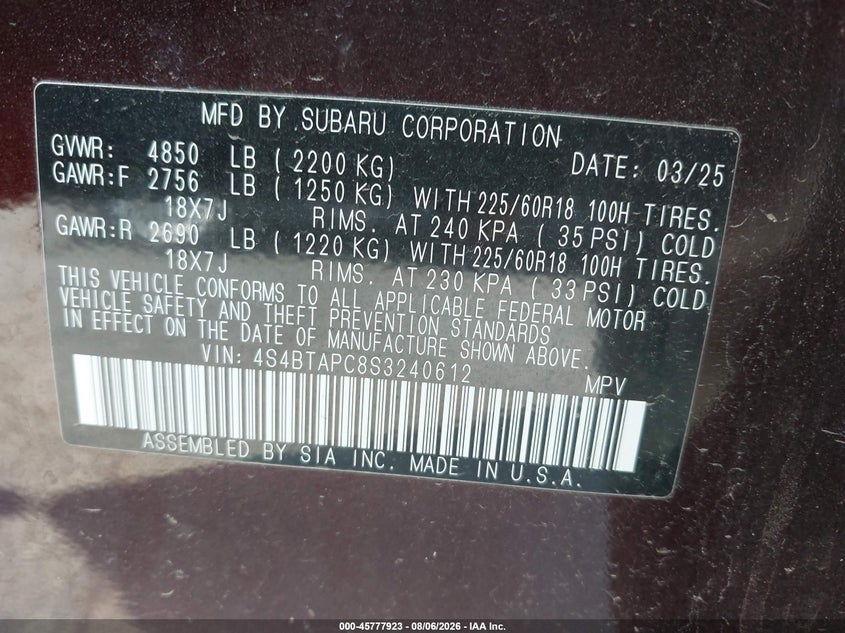 2025 Subaru Outback VIN 4S4BTAPC8S3240612 IAAI salvage auction — LEFT FRONT, Clear (Michigan), sold $18,500 on 2026-08-20 (photo 9)