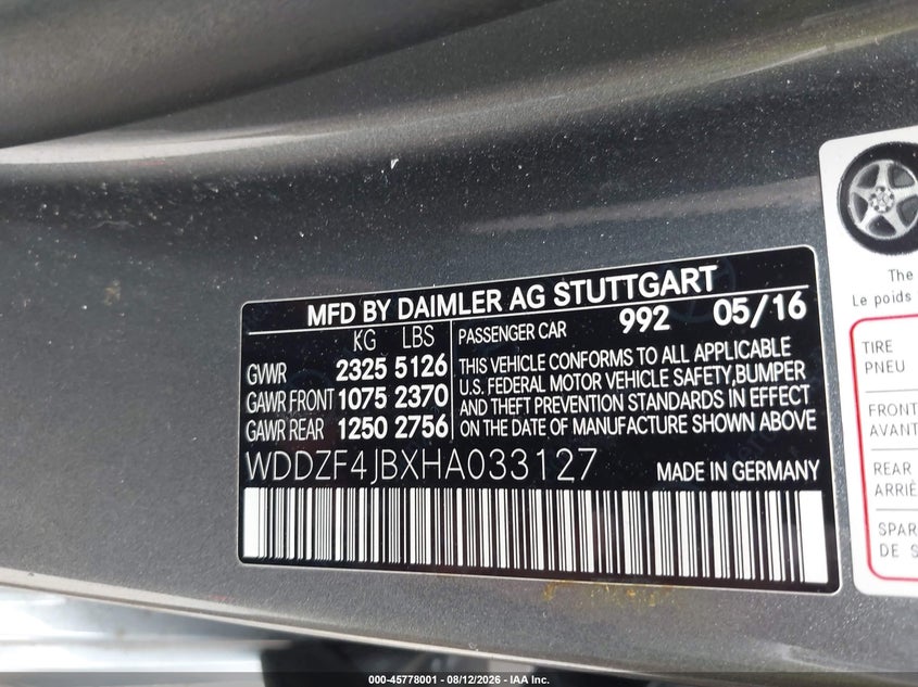2017 Mercedes-benz E-klasse VIN WDDZF4JBXHA033127 IAAI salvage auction — REAR END, Parts Only Bos (Maryland), sold $4,600 on 2026-08-19 (photo 9)